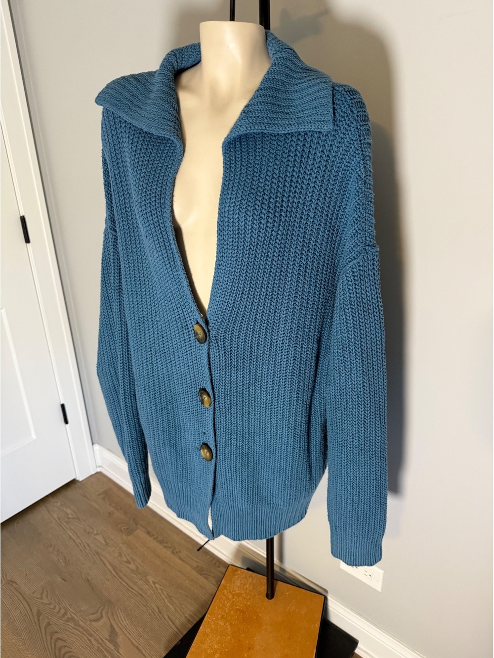 Free People Blue Chunky Knit Button-Up Cardigan Sweater